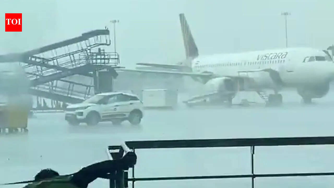 Watch: Indigo stepladder crashes into parked Air India aircraft at Delhi airport during sudden storms | India News